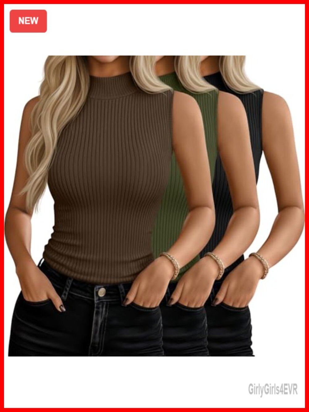 3 Pack Womens Sleeveless Turtleneck Tops Slim Fit Rayon Spandex Tank Top